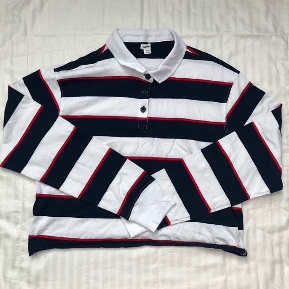 SOLD Garage White/Navy/Red Striped Polo Long Sleeve Top - Picture 1 of 3